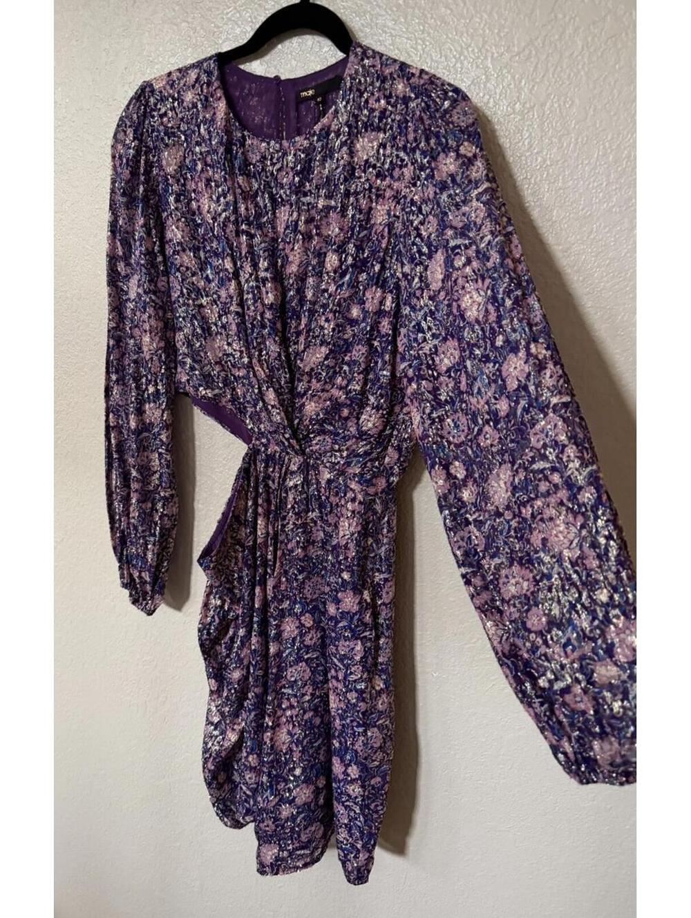 New Maje Metallic Printed Viscose Dress In Purple Size 42/ XL $535 - Picture 6 of 13